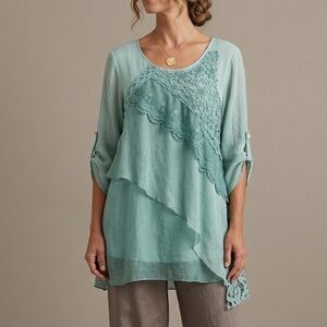 Feratelli Teal Crochet Lace Asymmetrical Chiffon Tunic XL Floral Fairy Grunge
